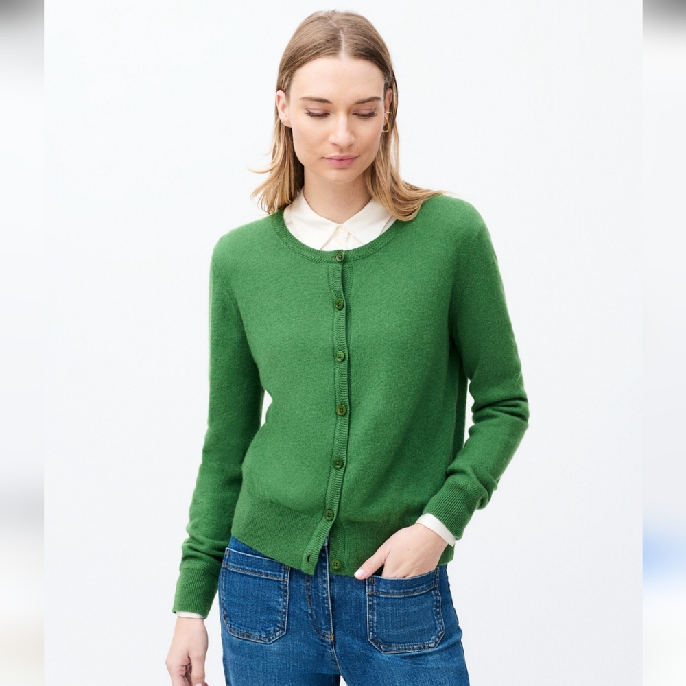 Oscar De La Renta 70% Cashmere + 70% Silk Kelly Green Crew Cardigan XS